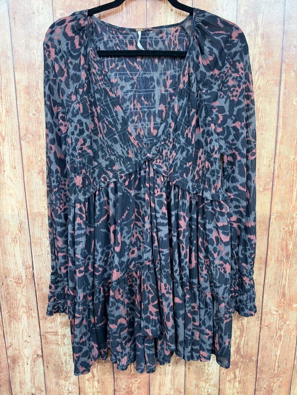 Free People Dark Romance Animal Print Dress Tunic M Smocked Tiered Boho Mini